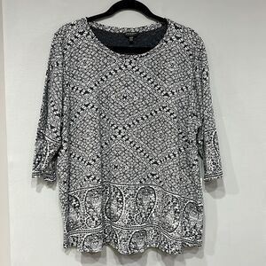 Lucky Brand 2X Top Blouse Blue White Paisley Floral‎ 3/4 Sleeve Womens